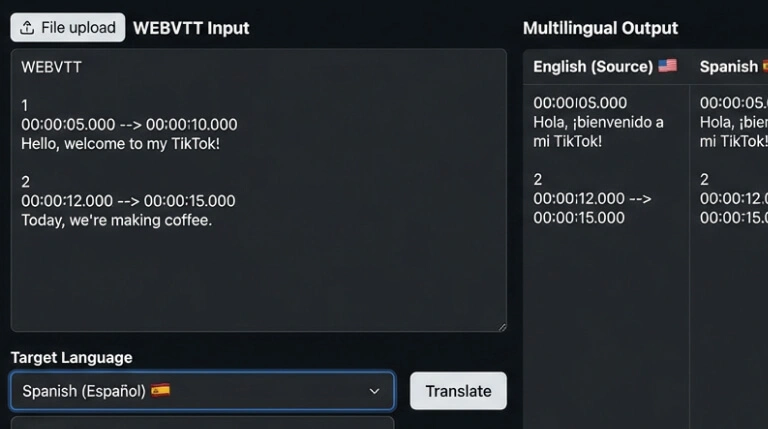 TikTok subtitle translation — multilingual WEBVTT